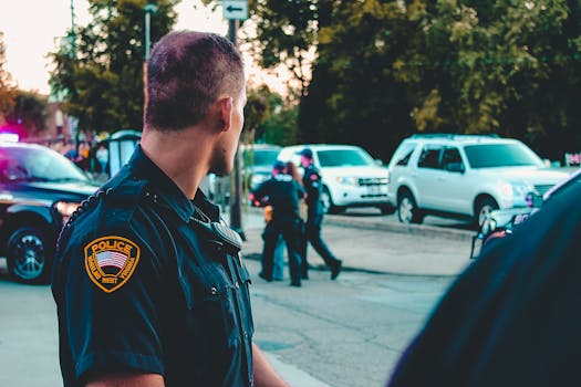 Police officer monitoring a street scene with patrol vehicles in Wheeling, WV.